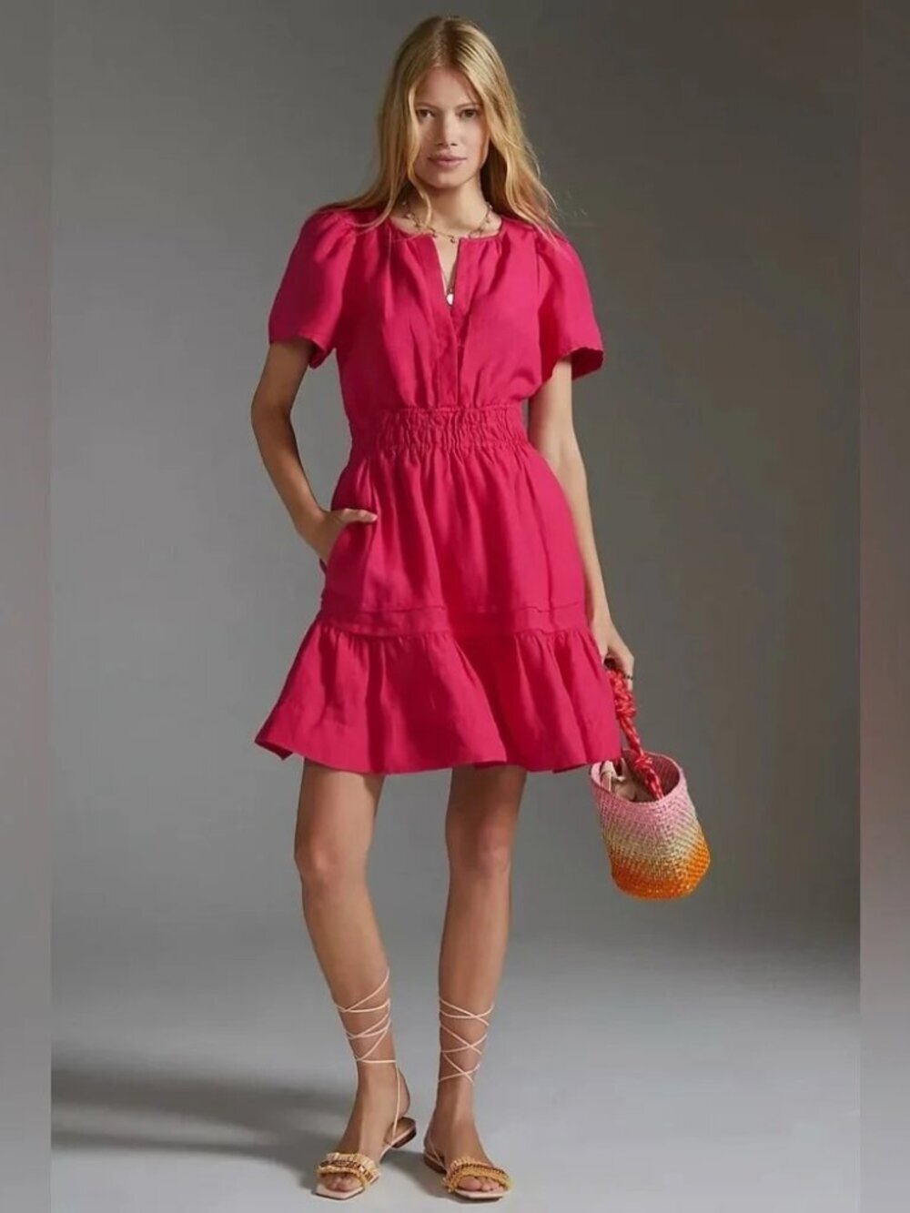 NWT Anthropologie The Somerset Linen Blend Smocked Waist Mini Dress Size XS